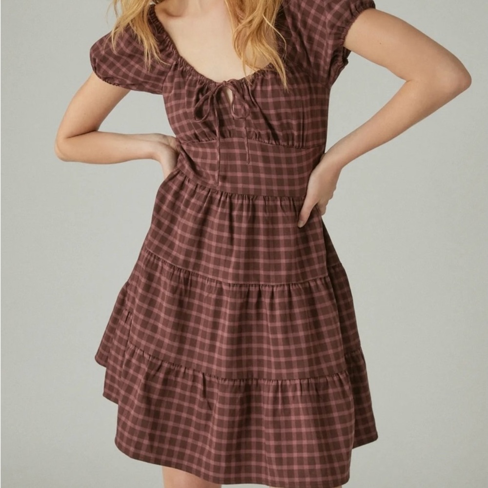 Lucky Brand Cap Sleeve Tiered Plaid Dress